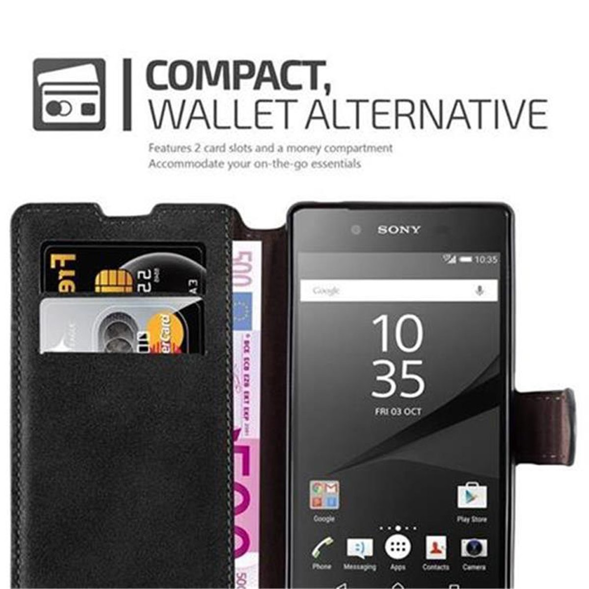 Custodia nera aperta con denaro, carte e telefono.