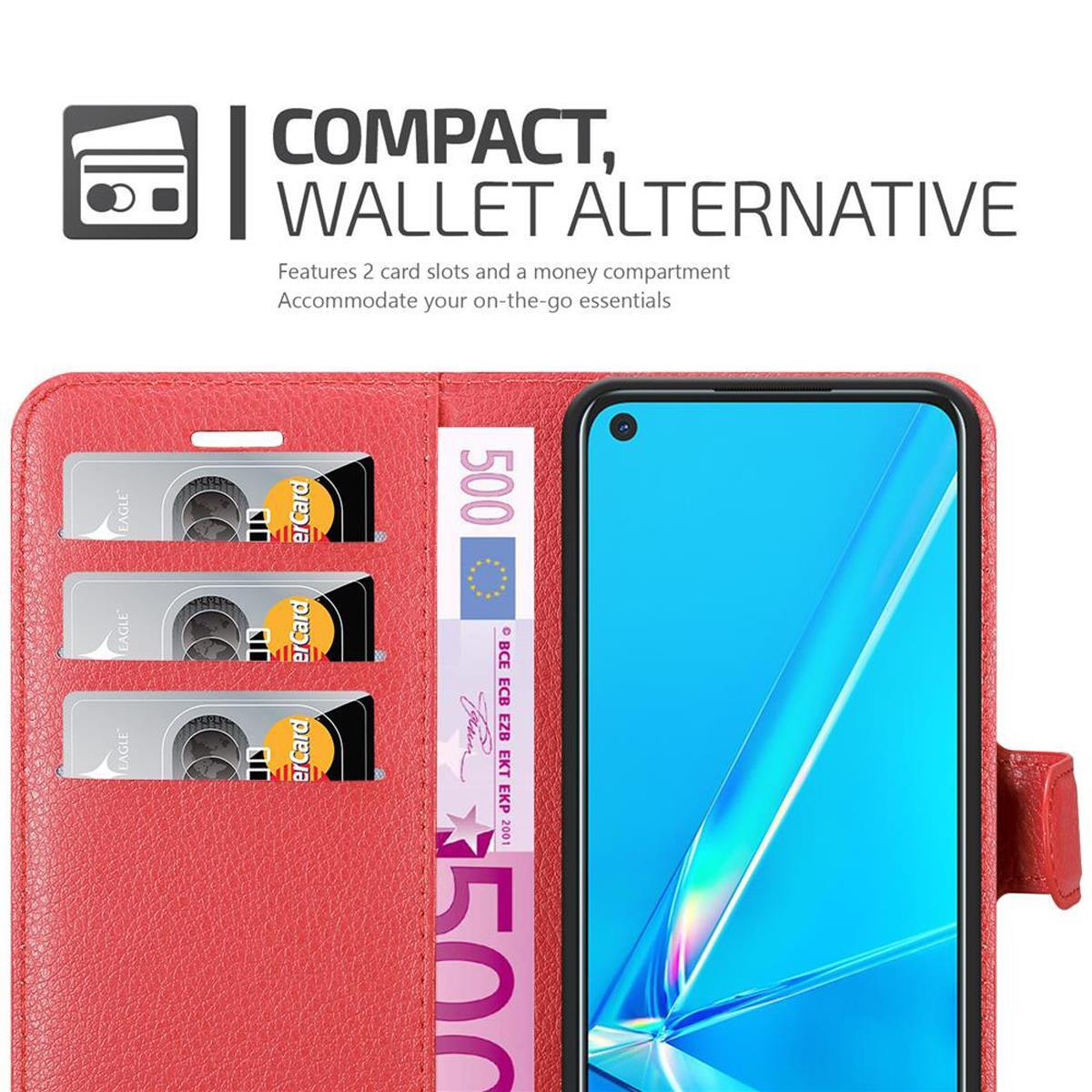 Rotes Geldbörsenetui mit Telefon. Enthält Karten, Geld und Telefondisplay.