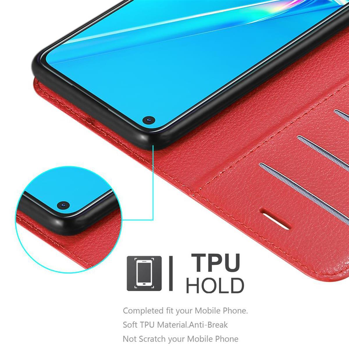Rote Handyhülle mit Telefon darin, zeigt einen blauen Bildschirm und ein TPU HOLD Logo.