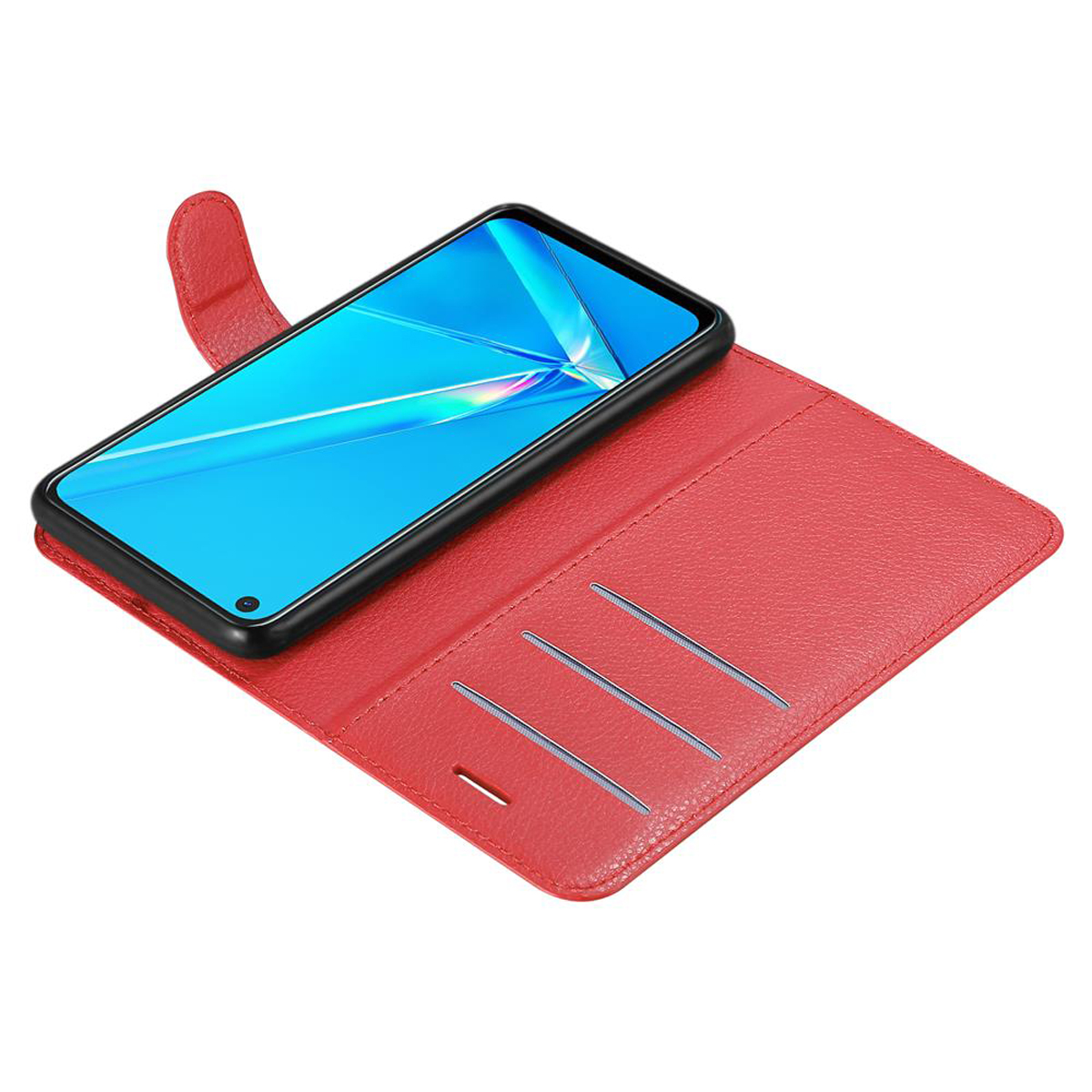Rote Handyhülle, offen, mit einem blau-angezeigten Telefon. Drei Kartenfächer sichtbar.