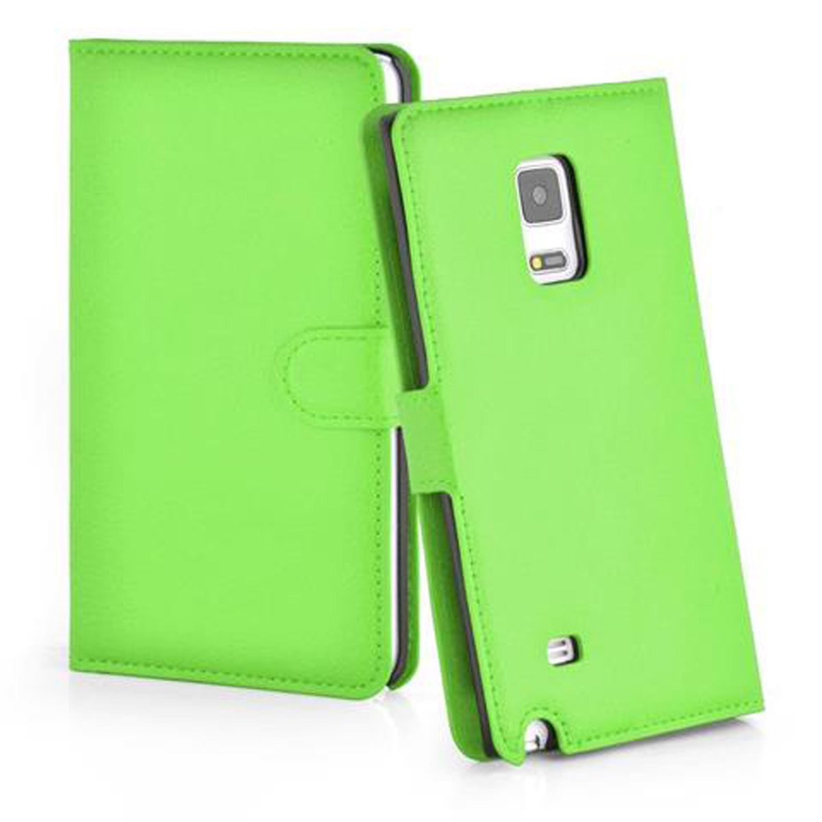 Custodia verde per telefono aperta, che mostra il retro del telefono con fotocamera e un pulsante.