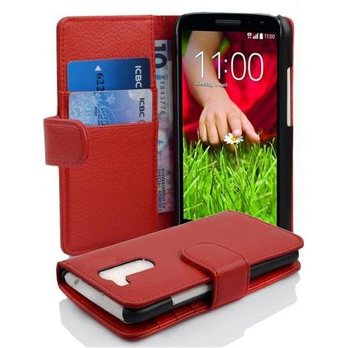 Custodia rossa con telefono, carte e denaro. Il telefono mostra una mano che tocca un fiore.