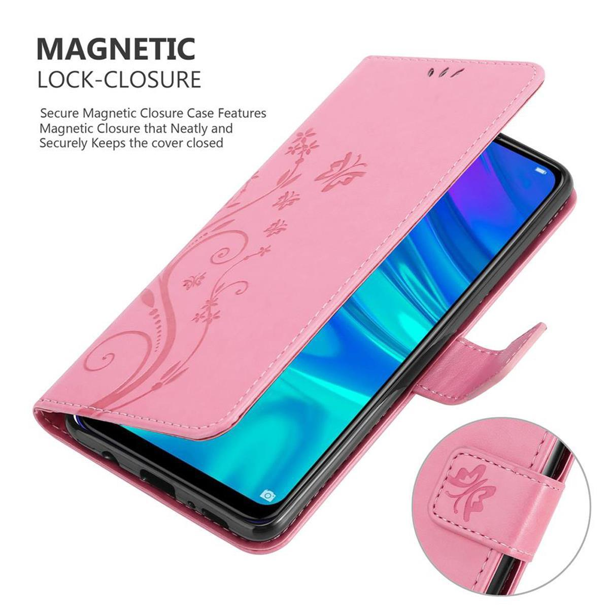 Custodia per telefono rosa aperta, che mostra un telefono. Design floreale sulla custodia. Il grafico della chiusura magnetica è visualizzato.