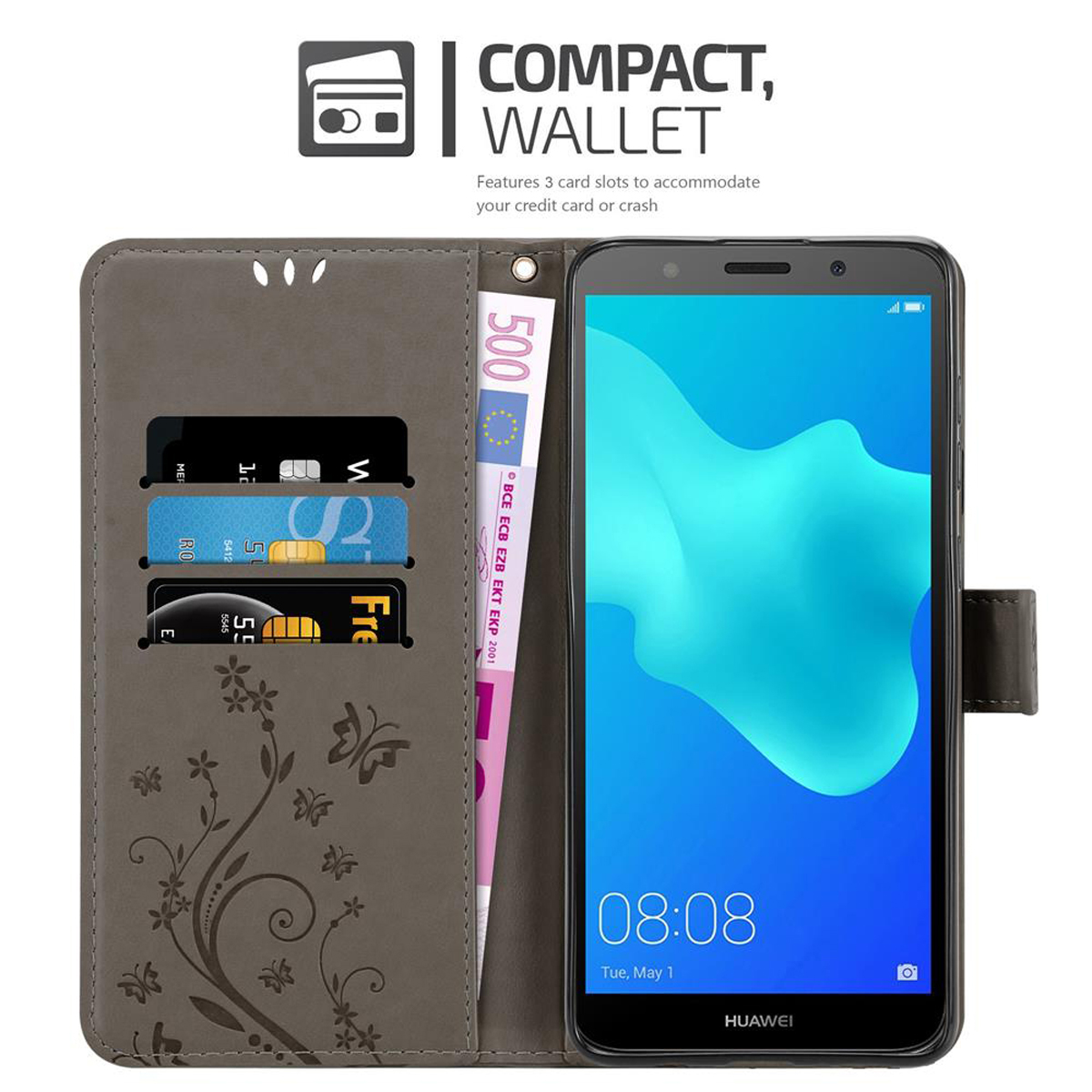 Custodia a portafoglio grigia con carte, denaro e telefono. Design floreale e farfalla visibili.