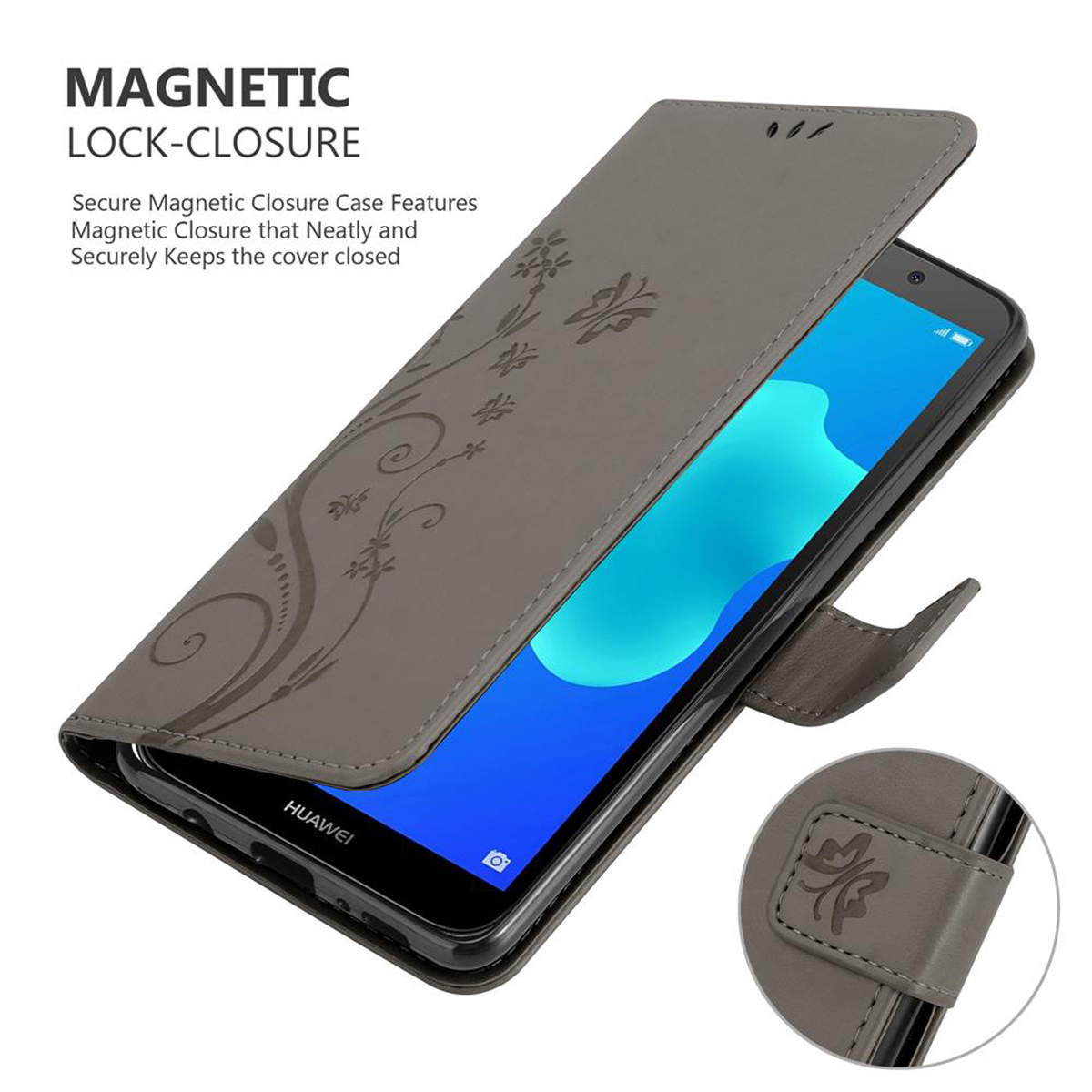 Custodia per telefono grigia con un telefono all'interno. La custodia è aperta, con design floreale e chiusura magnetica.