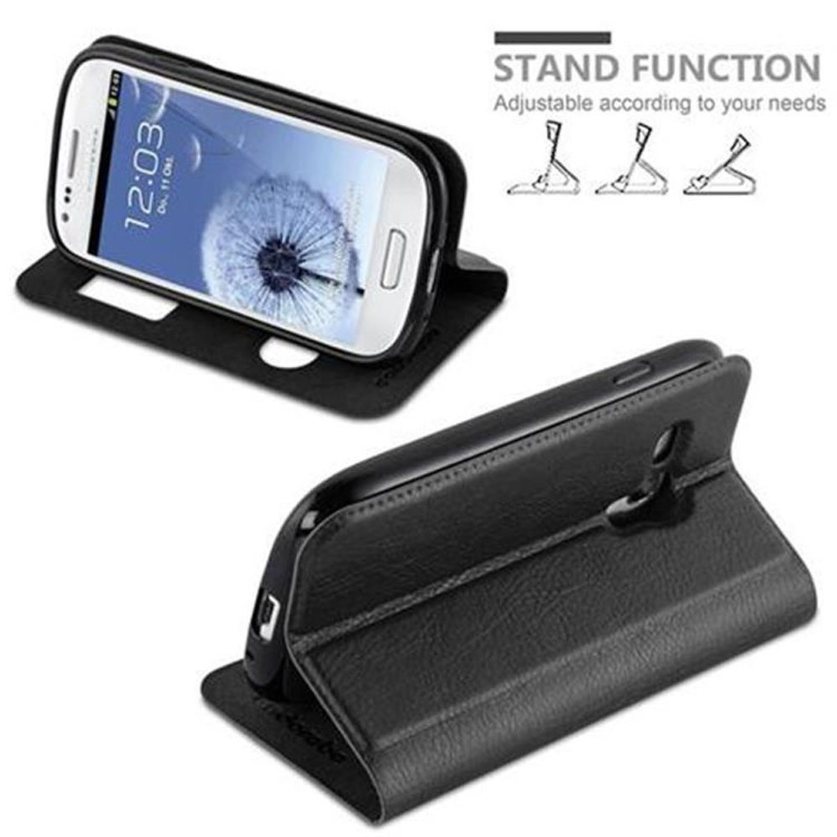 Custodia nera con telefono all'interno, in posizione stand. Illustrazioni della funzione stand in alto a destra.