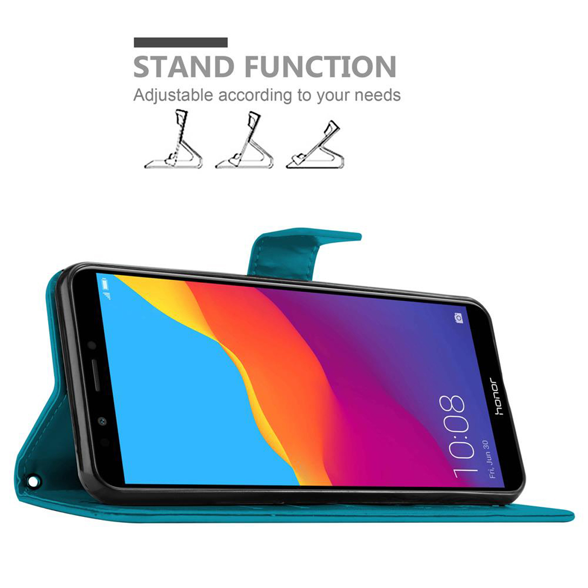 Custodia per telefono verde acqua con un telefono che mostra una grafica colorata, in posizione di supporto. Grafica della funzione di supporto regolabile.