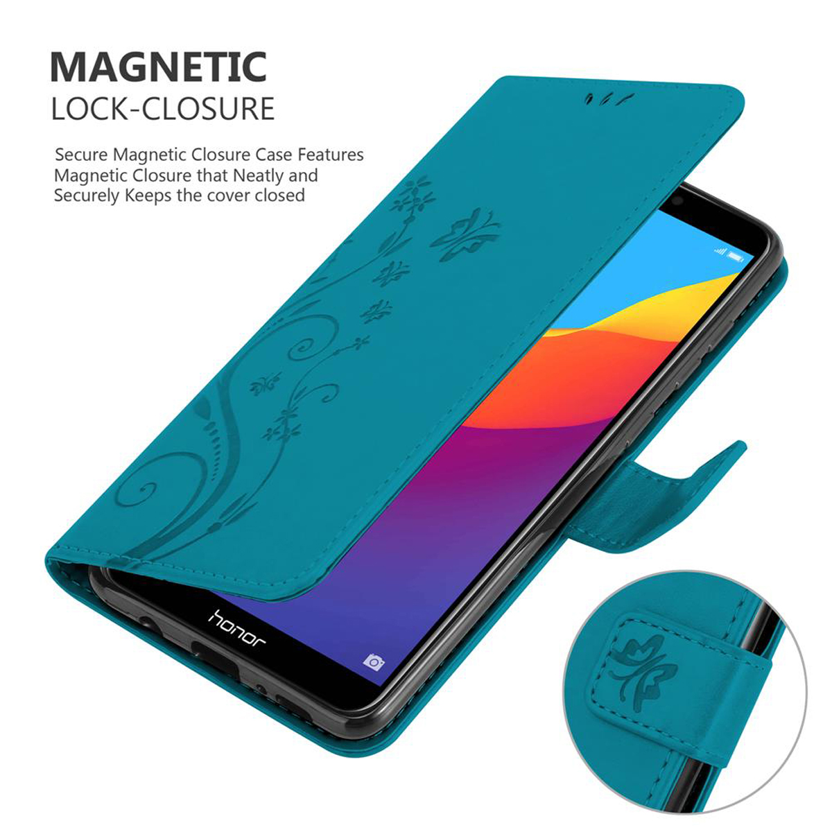 Custodia telefono verde acqua aperta, che mostra un telefono. Design floreale sulla copertina. Chiusura magnetica descritta.
