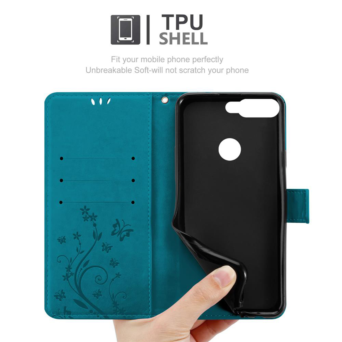 Custodia per telefono color turchese aperta per rivelare un supporto per telefono nero, mano che tiene il telefono. Sovrapposizione di testo.