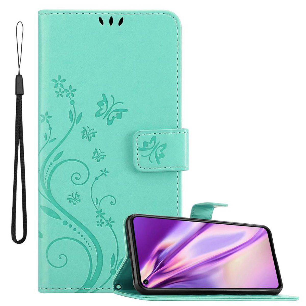 Huawei Bookcover, FLORAL TÜRKIS / Honor, 5T, Hülle / 20S Flower Blumen CADORABO Muster Case, 20 NOVA