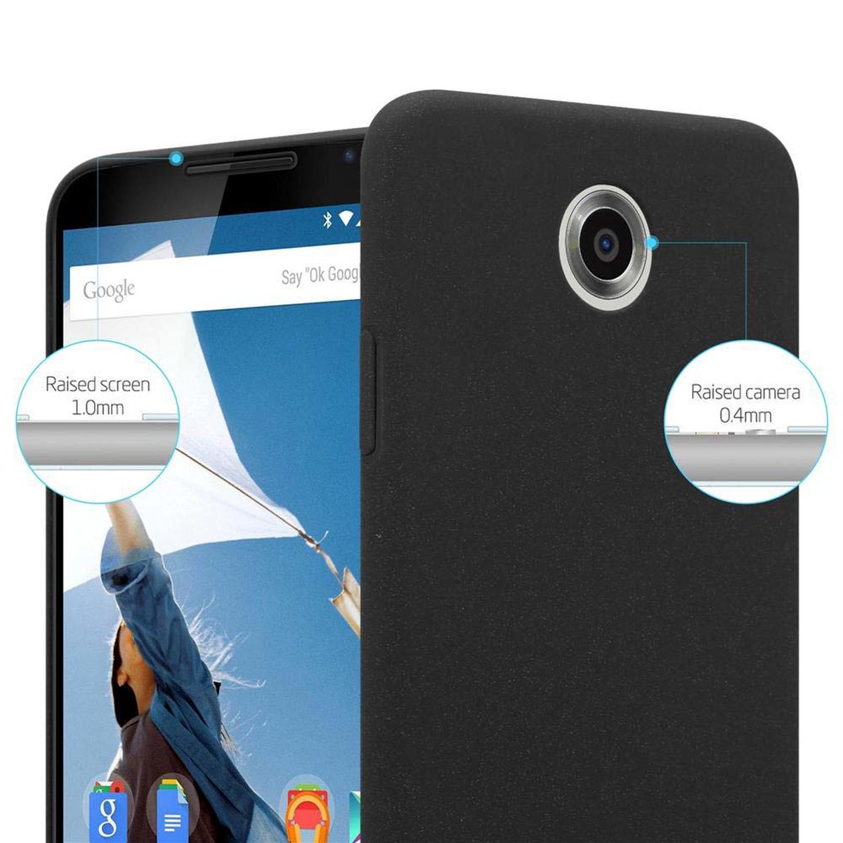 Schwarze Handyhülle auf einem Telefon. Hülle hat erhöhten Bildschirm- und Kameraschutz. Das Display zeigt die Google-Suchleiste.
