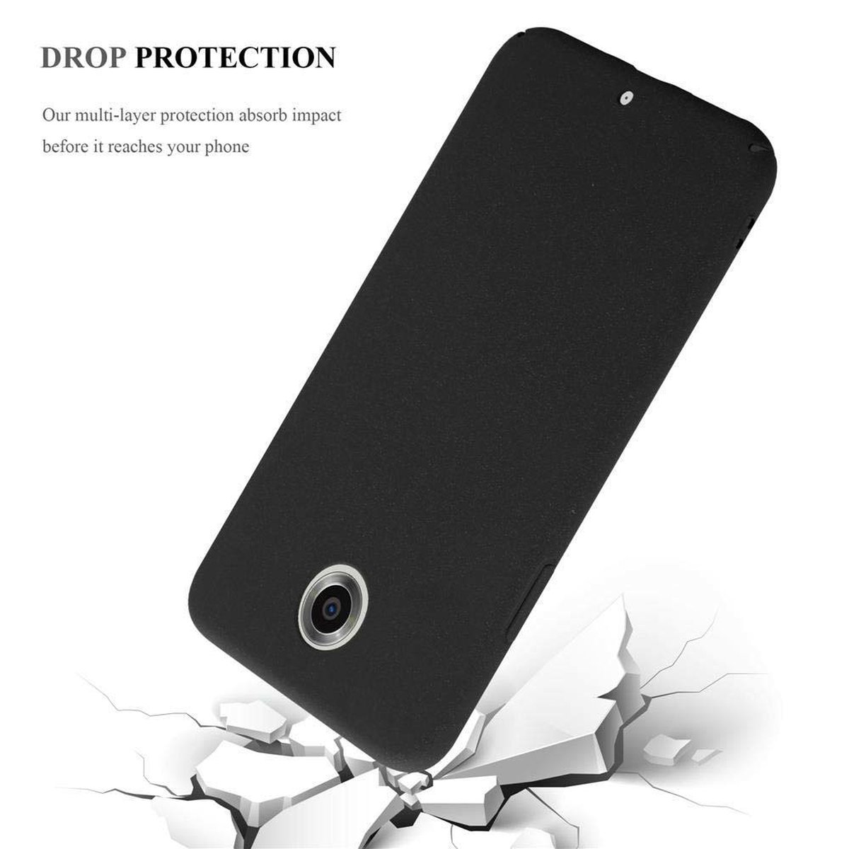 Schwarze Handyhülle mit Telefon darin. Das Telefon befindet sich auf einer zerbrochenen Oberfläche, die den Fallschutz zeigt.