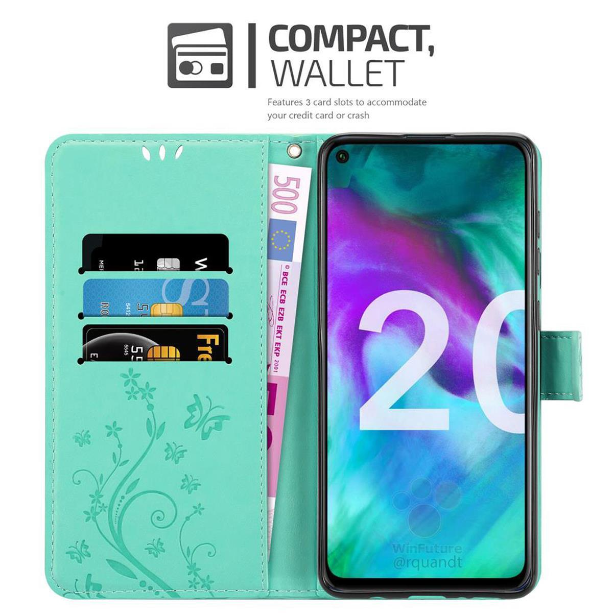 Ein türkisfarbenes Handy-Geldbörsenetui mit einem Telefon, Karten und Geld im Inneren. Text: COMPACT, WALLET.