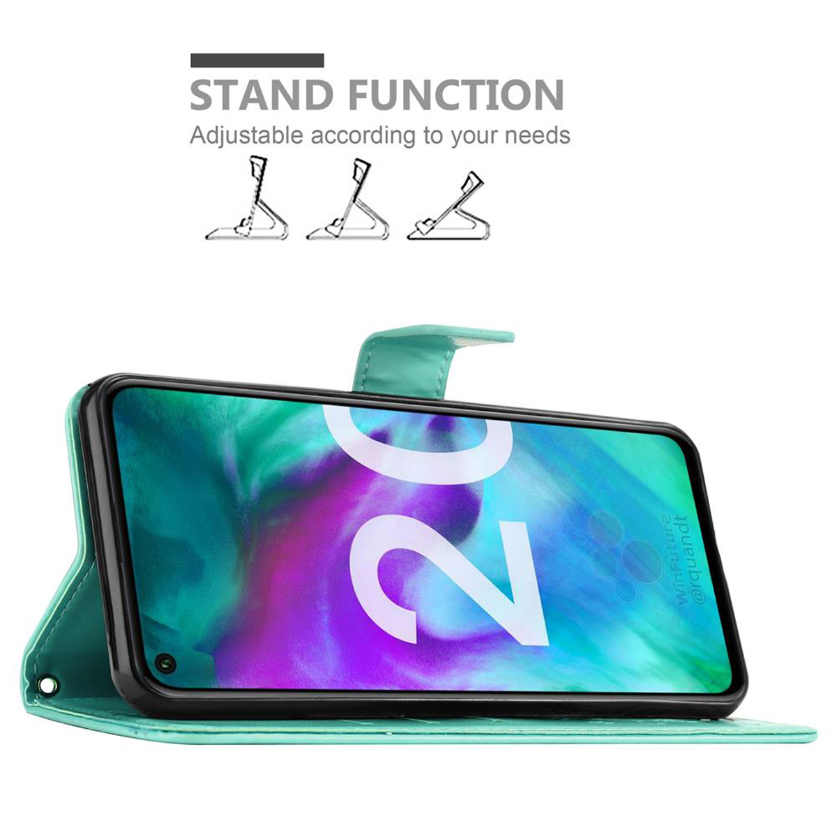 Ein Telefon in einem grünen Gehäuse, das den Bildschirm zeigt. Das Gehäuse ist geöffnet und wird von einer Ständerfunktion unterstützt.