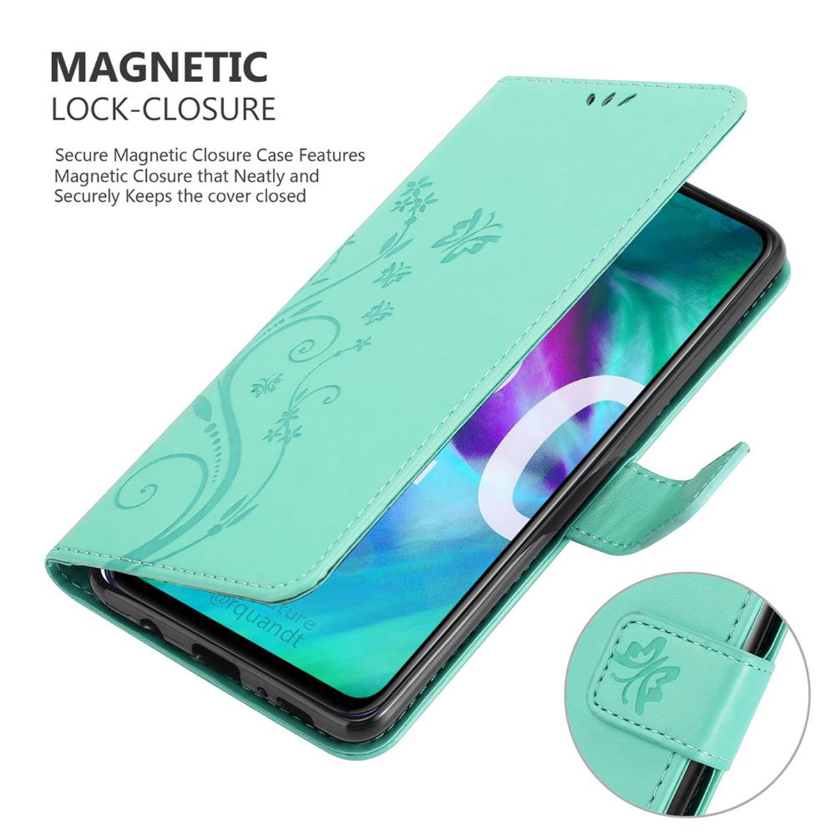 Minzgrüne Handyhülle mit einem Telefon darin. Blumenmuster und Text auf der Hülle, mit Magnetverschluss.