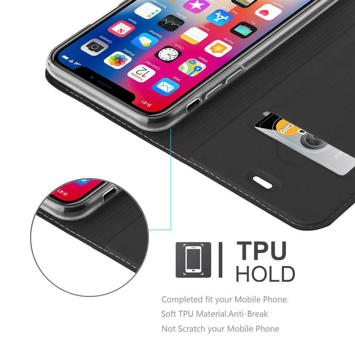 Telefono in custodia nera con carta di credito. Icone sullo schermo. Testo: TPU HOLD. Adattamento completo per il tuo cellulare.