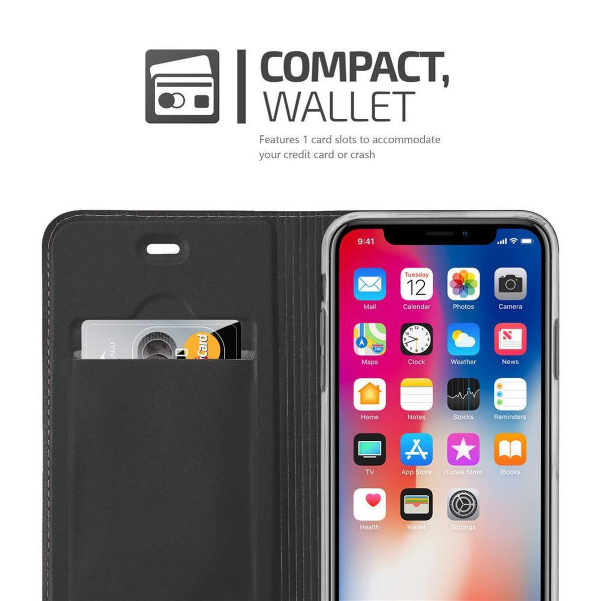 Custodia nera aperta con telefono dentro. Con slot per schede. Il telefono mostra le icone delle app.