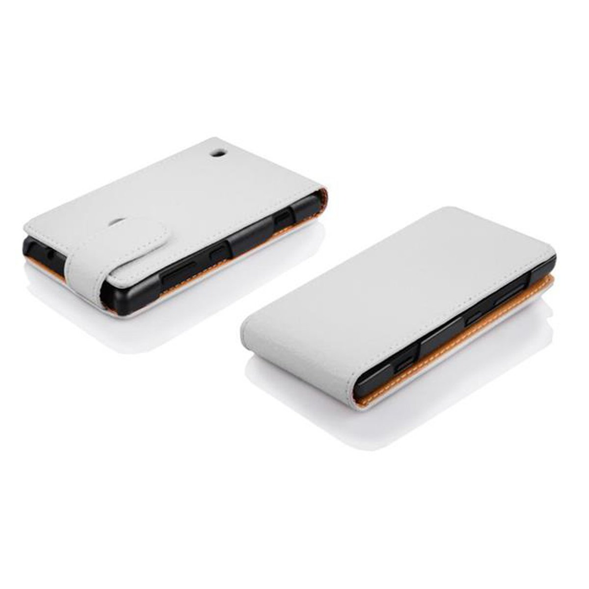 Dos fundas blancas para teléfono. Una abierta, mostrando el teléfono dentro. La otra está cerrada.