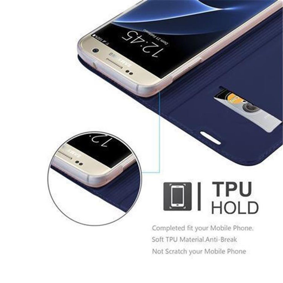 Smartphone in custodia blu. Testo: TPU Hold. Vestibilità perfetta. Materiale TPU morbido. Anti-rottura.