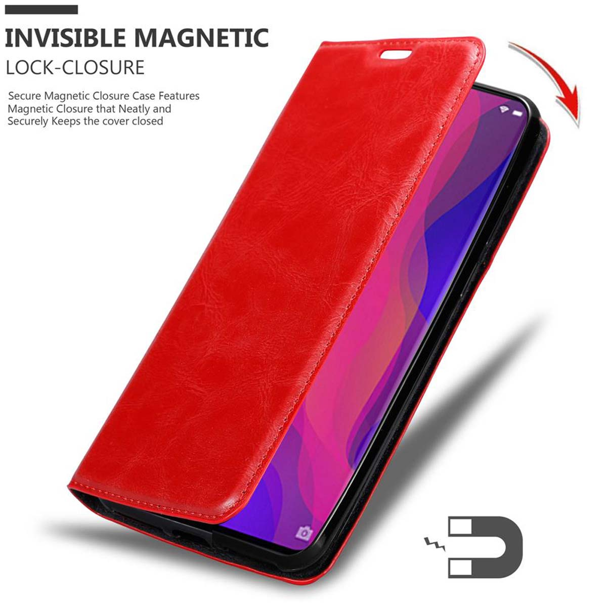 Custodia per telefono rossa con chiusura magnetica. Lo schermo del telefono è visibile all'interno.