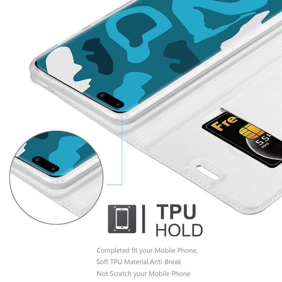 Geöffnete Handyhülle, zeigt Telefon mit blau-weißem Design. SIM-Karte sichtbar.