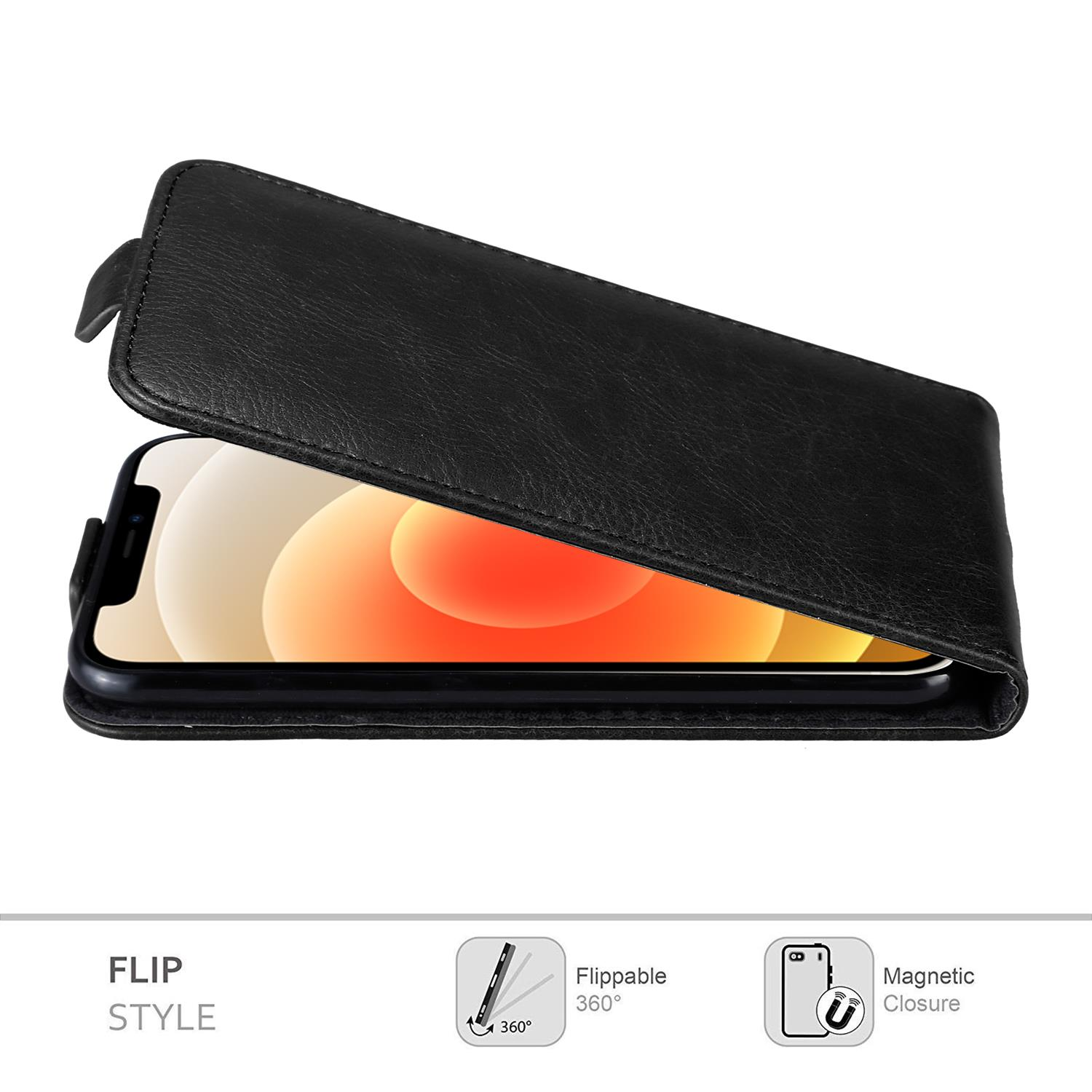 Una custodia per telefono nera a libro. Il telefono è all'interno e visibile. La custodia è aperta. Il testo mostra lo stile flip e la chiusura magnetica.