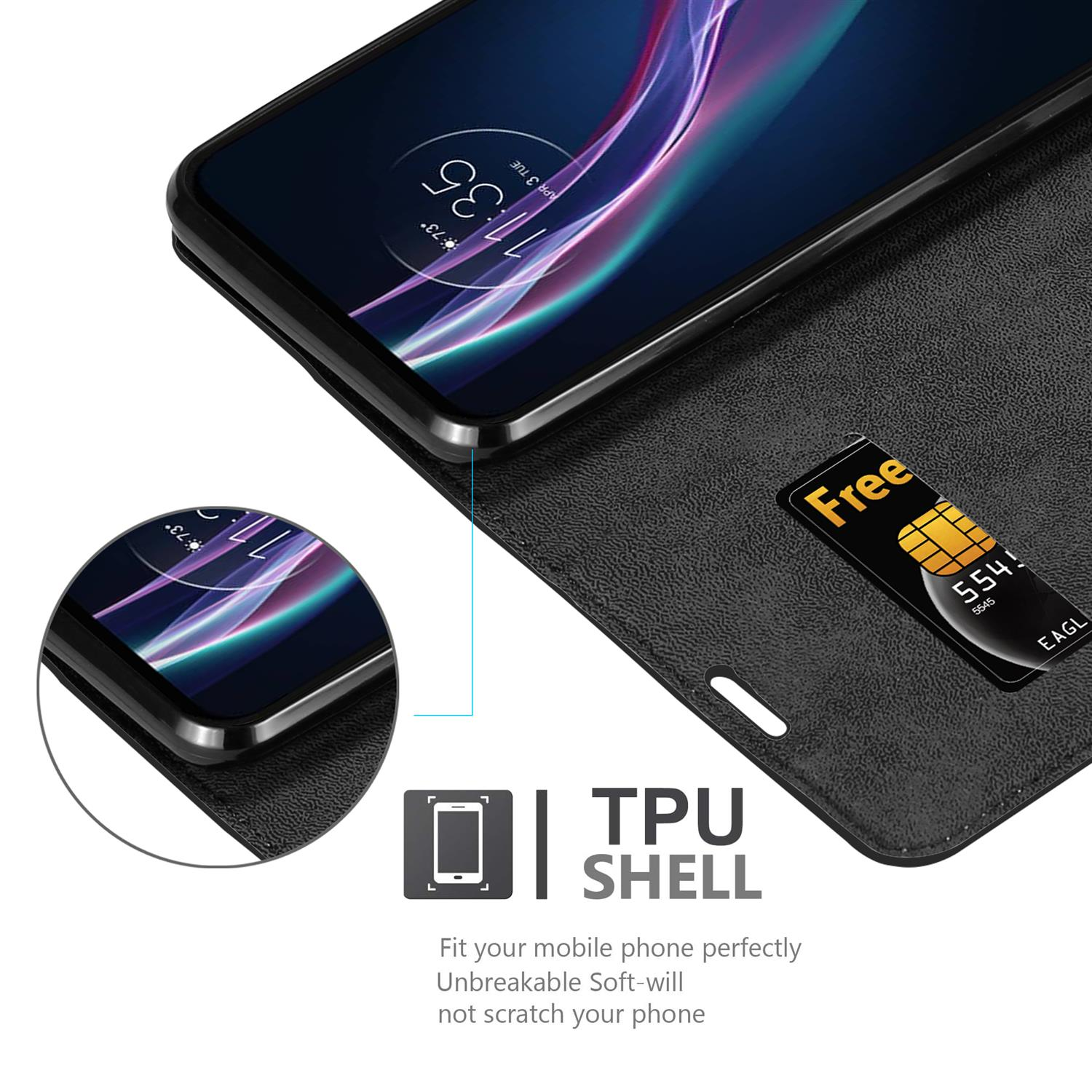 Telefono nero in una custodia nera, con un'icona di scocca in TPU e una SIM.