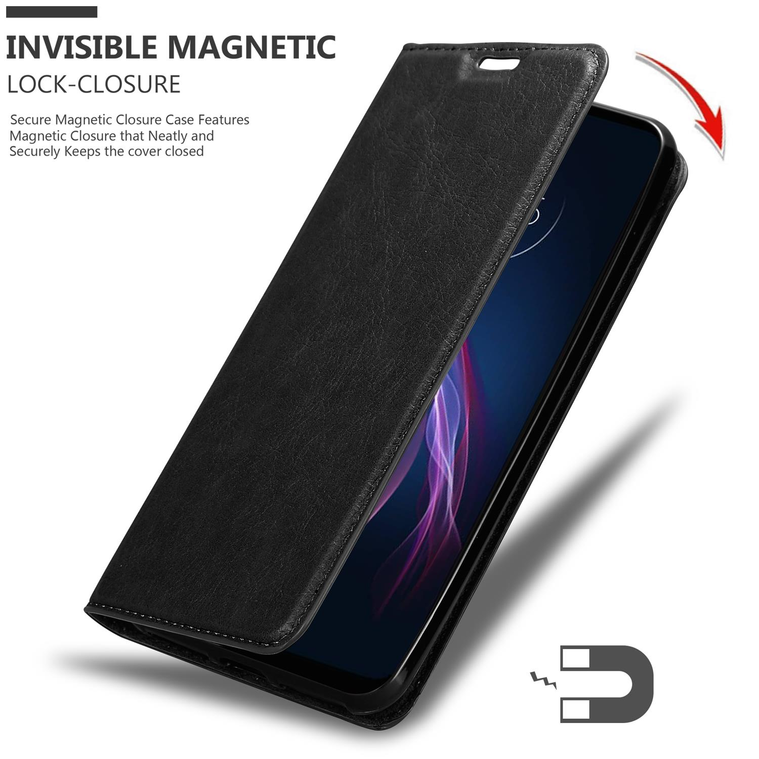 Una custodia nera per telefono con la cover aperta. Il telefono è visibile all'interno. Un magnete è mostrato in basso.