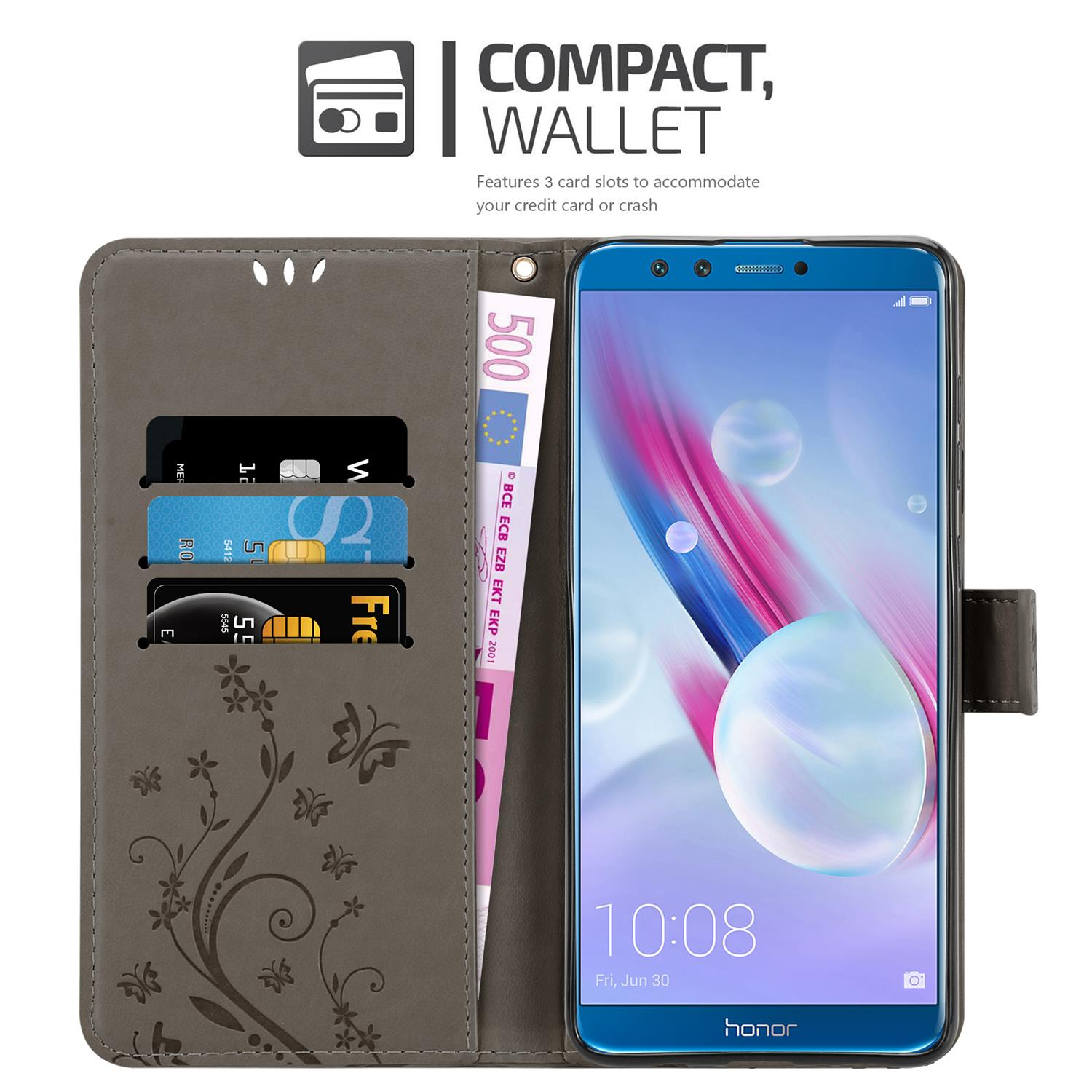 Custodia per telefono grigia aperta, che mostra un telefono con carte e denaro all'interno.