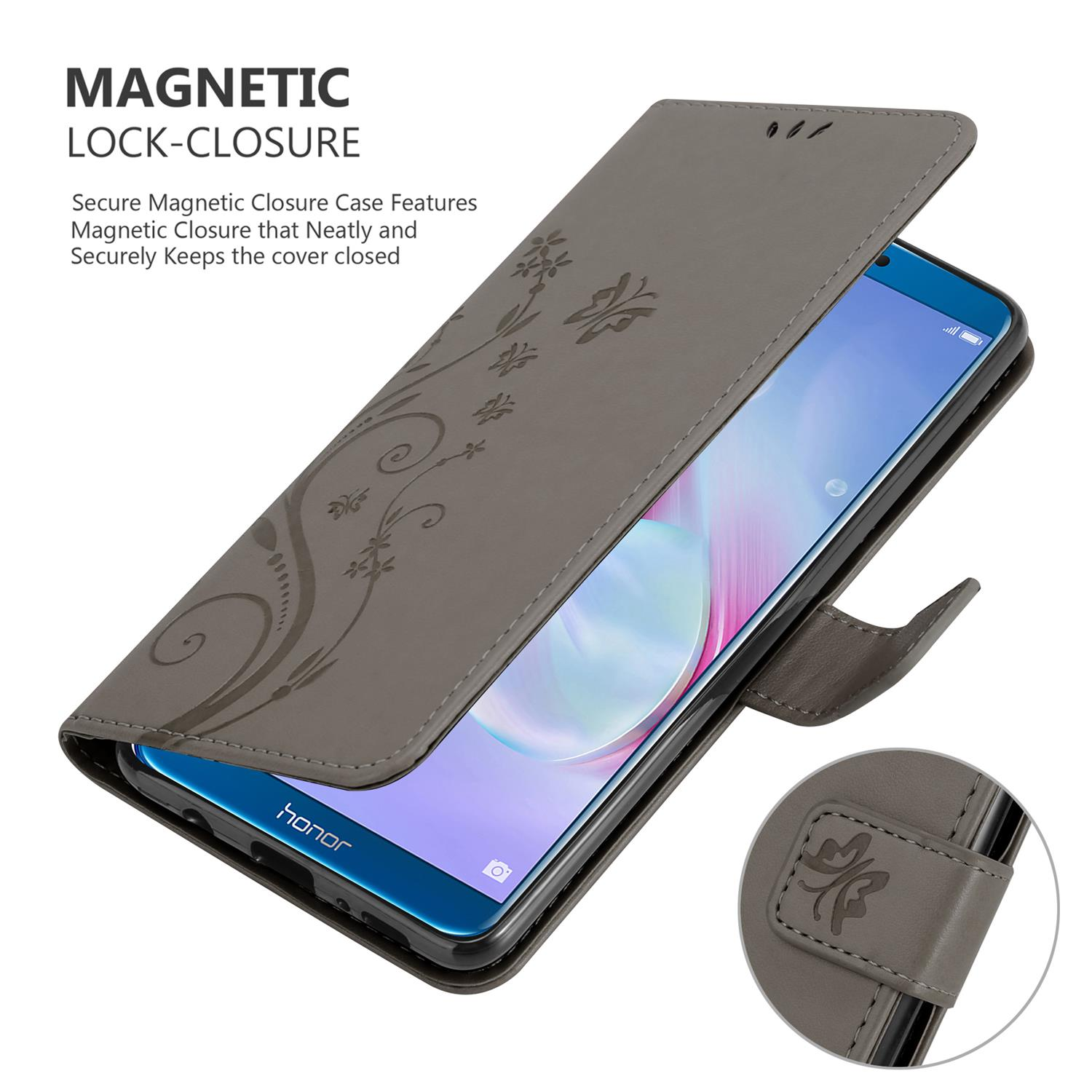 Una custodia per telefono grigia con un telefono all'interno. La custodia ha un motivo floreale e chiusura magnetica.