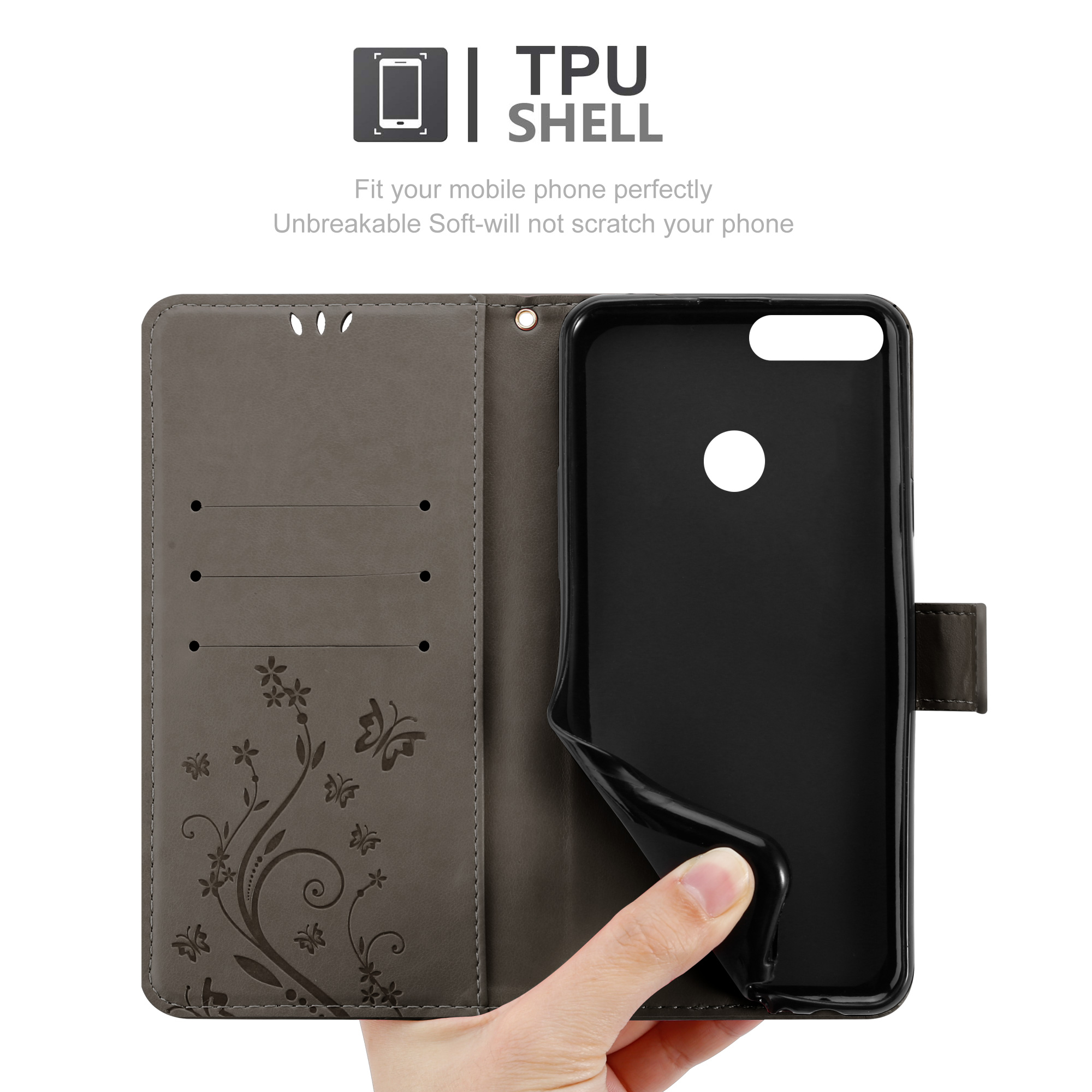 Custodia per telefono grigia aperta con design floreale. Dentro, custodia nera, mano che tiene. Testo: TPU Shell.