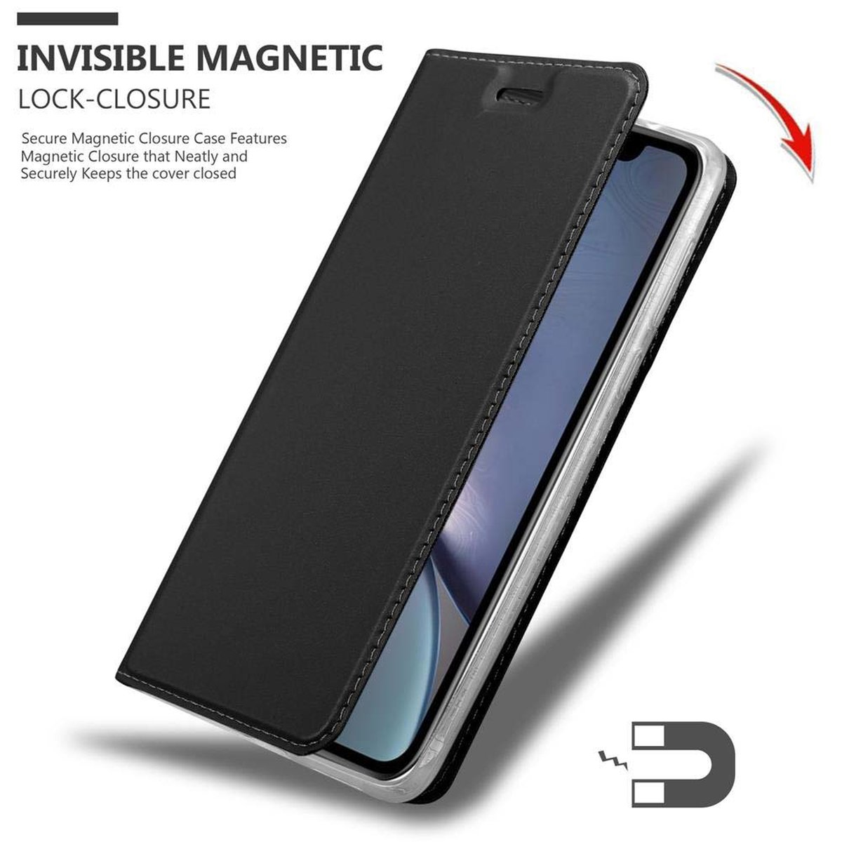 Custodia nera per telefono parzialmente aperta. Chiusura magnetica. Schermo del telefono visibile.