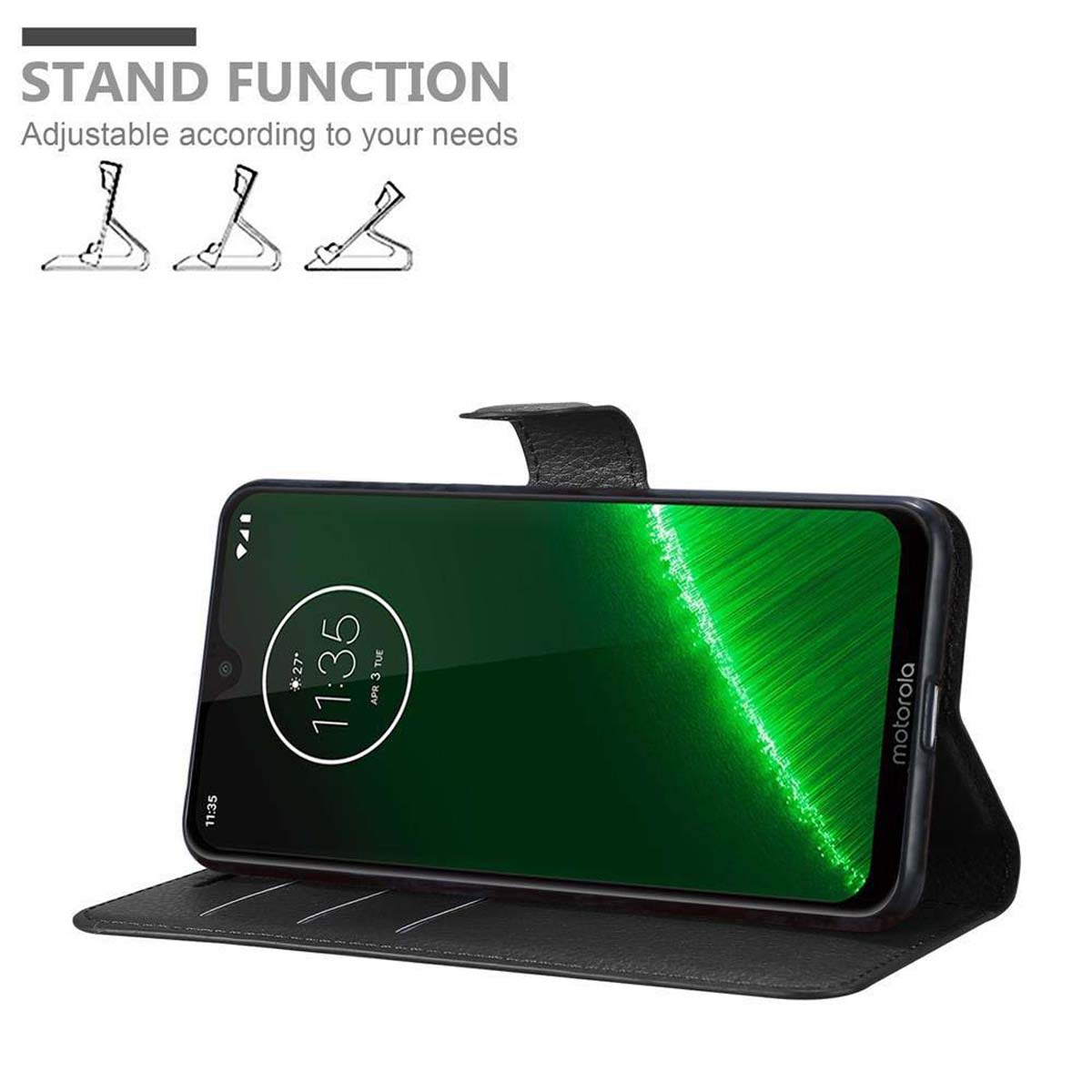 Custodia nera per telefono, aperta, telefono dentro, schermo verde, interno nero, funzione supporto, sfondo bianco.