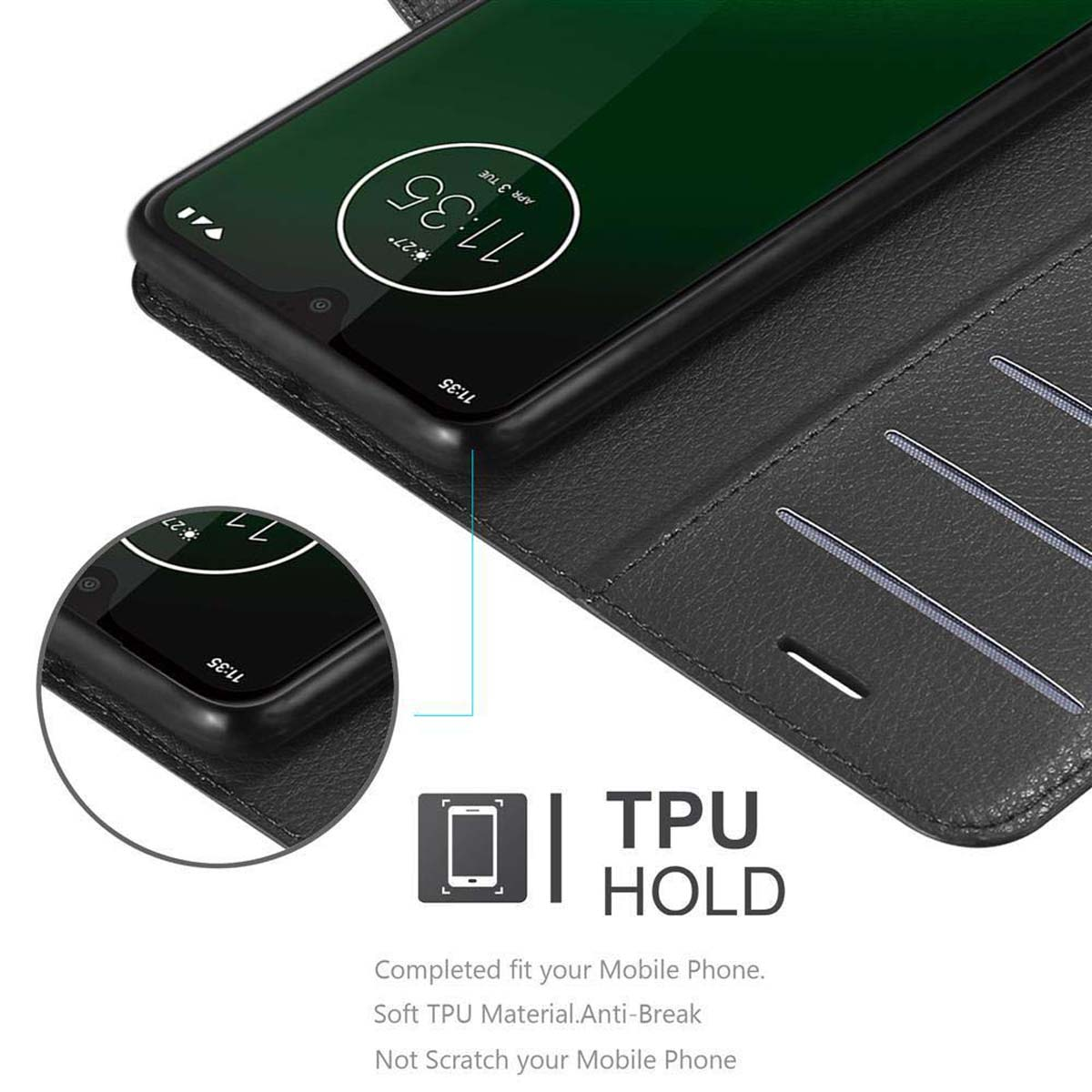 Telefono nero in una custodia, che mostra lo schermo, con fessure per schede.