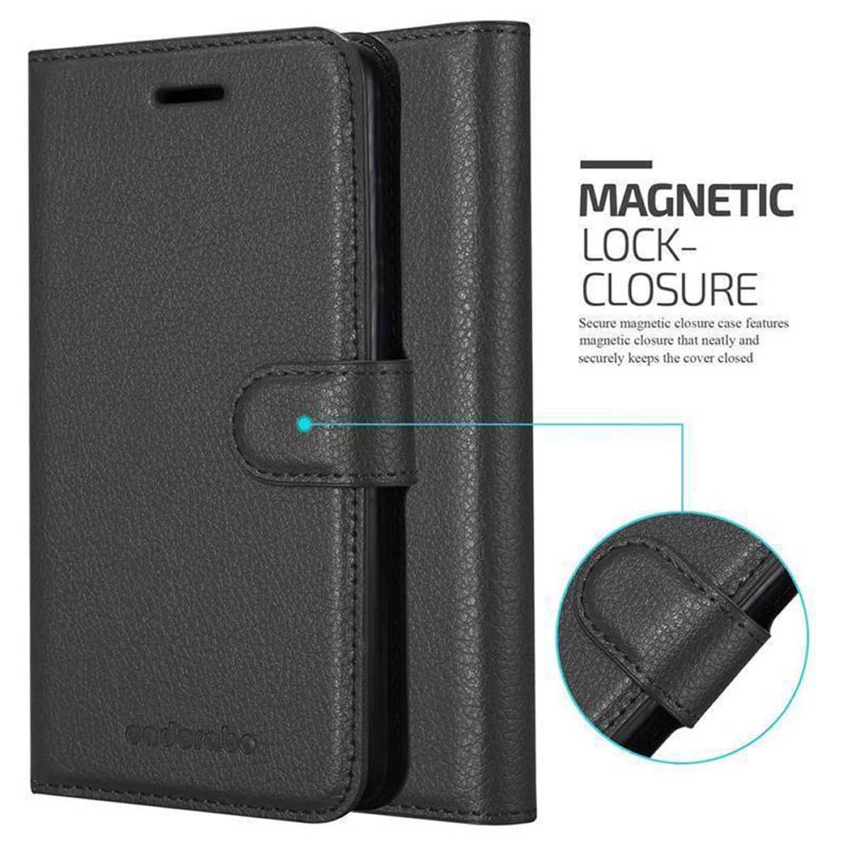 Custodia nera per telefono chiusa, con chiusura magnetica e superficie strutturata.