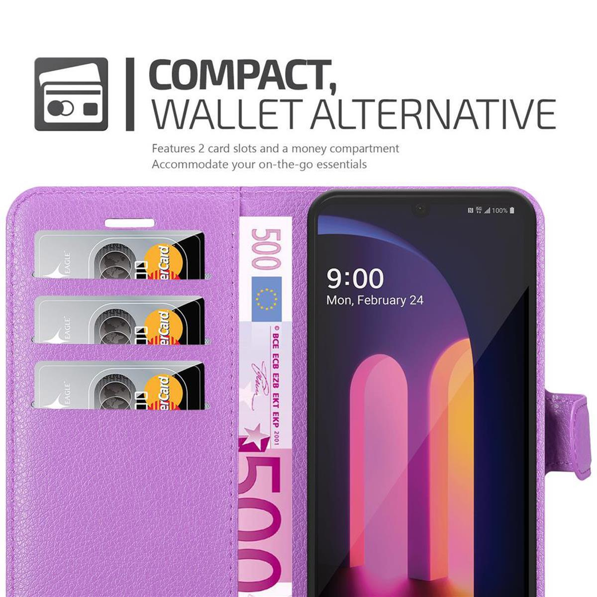 Custodia a portafoglio viola con telefono che mostra un'UI e fessure per carte.