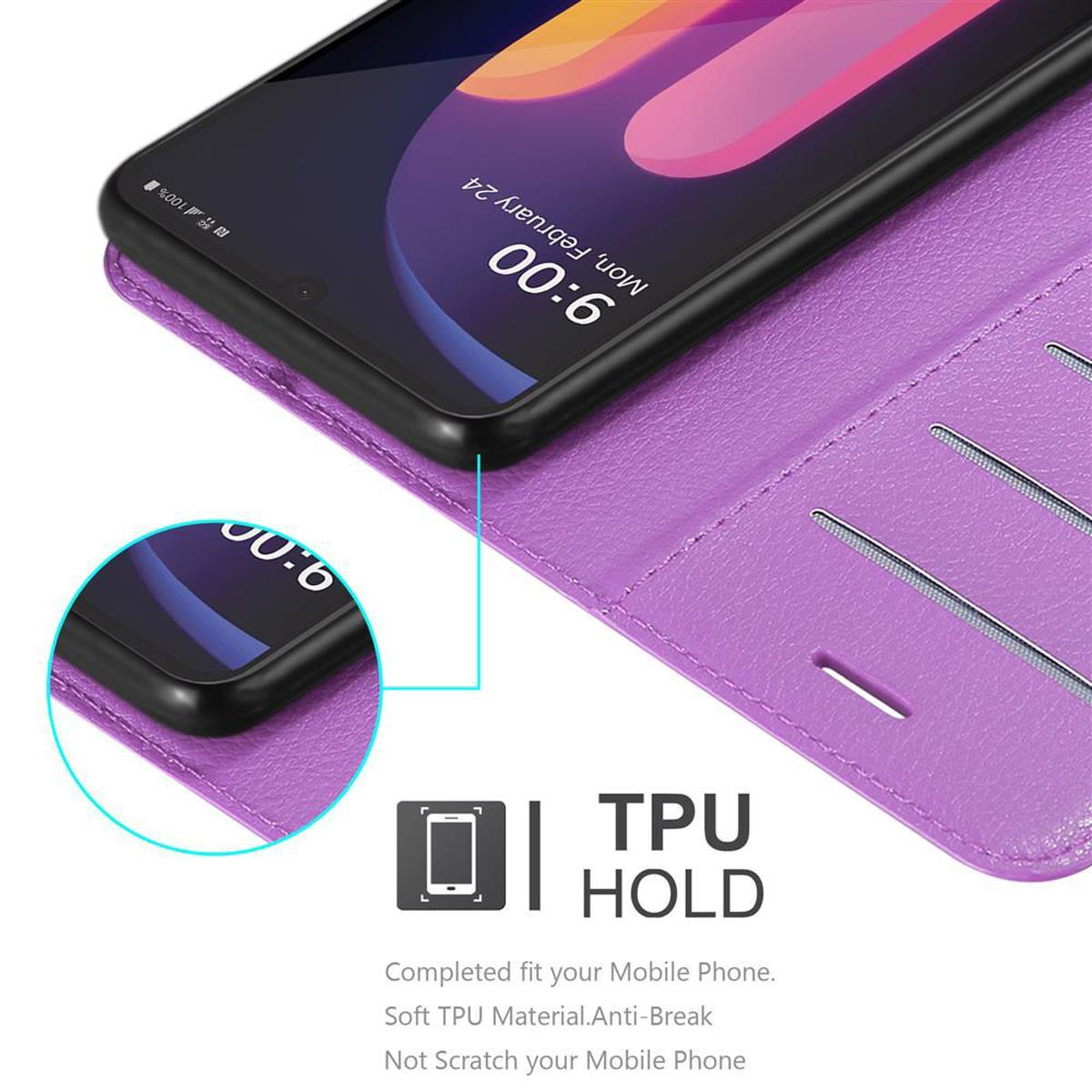 Custodia viola con telefono dentro. Testo: TPU HOLD. Inserto circolare mostra il bordo.