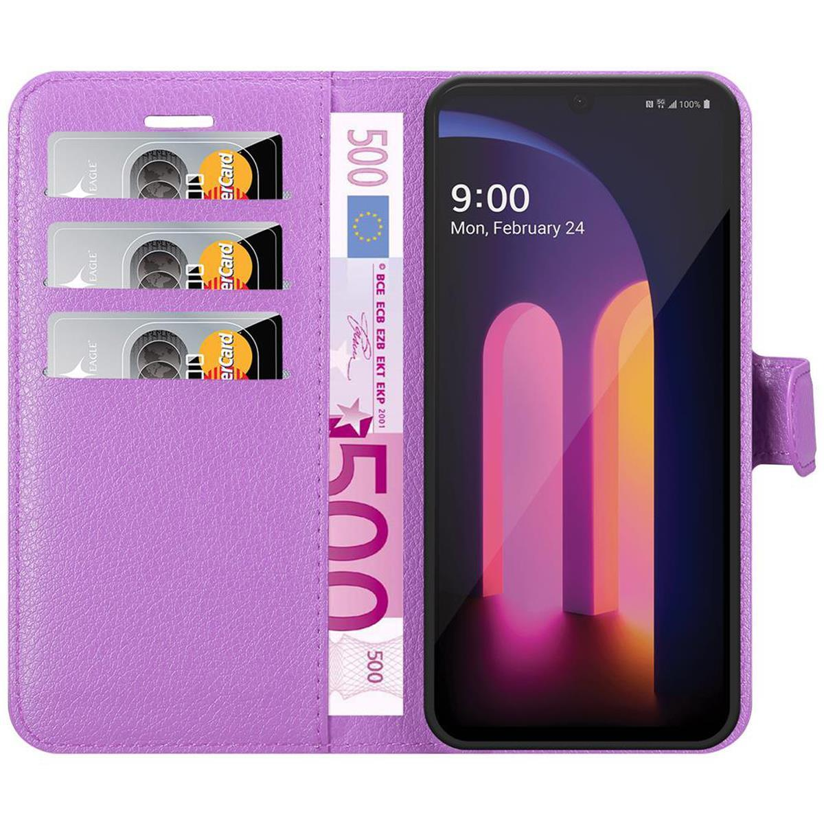 Custodia viola aperta con telefono, carte e denaro all'interno.