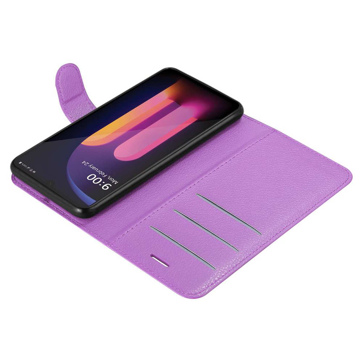 Custodia viola aperta, che mostra un telefono all'interno e tre slot per schede. Il telefono mostra un display.