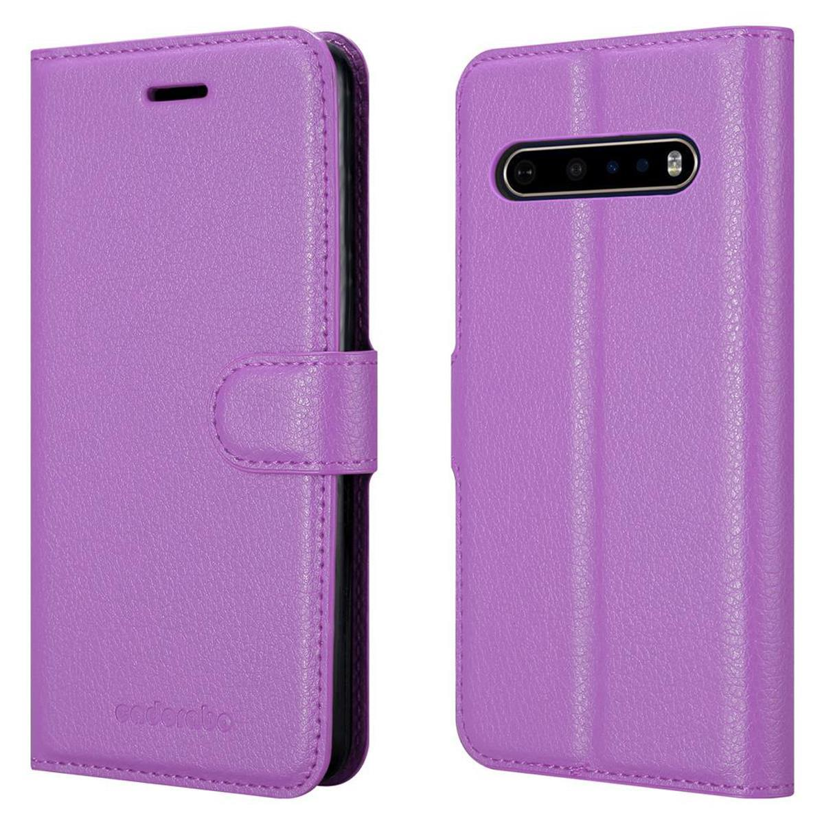 Custodia per telefono viola, aperta e chiusa. Il marchio 'cadomby' è visibile sulla custodia chiusa.