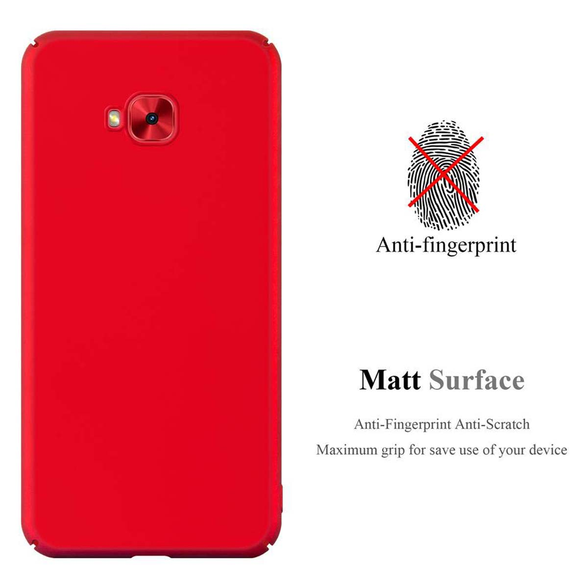 Rote Handyhülle mit Anti-Fingerabdruck und matter Oberfläche. Produktbeschreibung auf weißem Hintergrund.