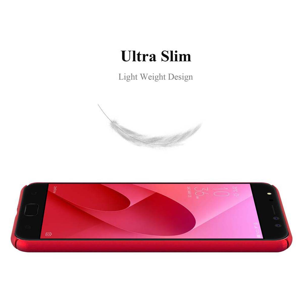 Rotes Telefon auf weißer Oberfläche, mit einer darüber schwebenden Feder. Schlankes Design.