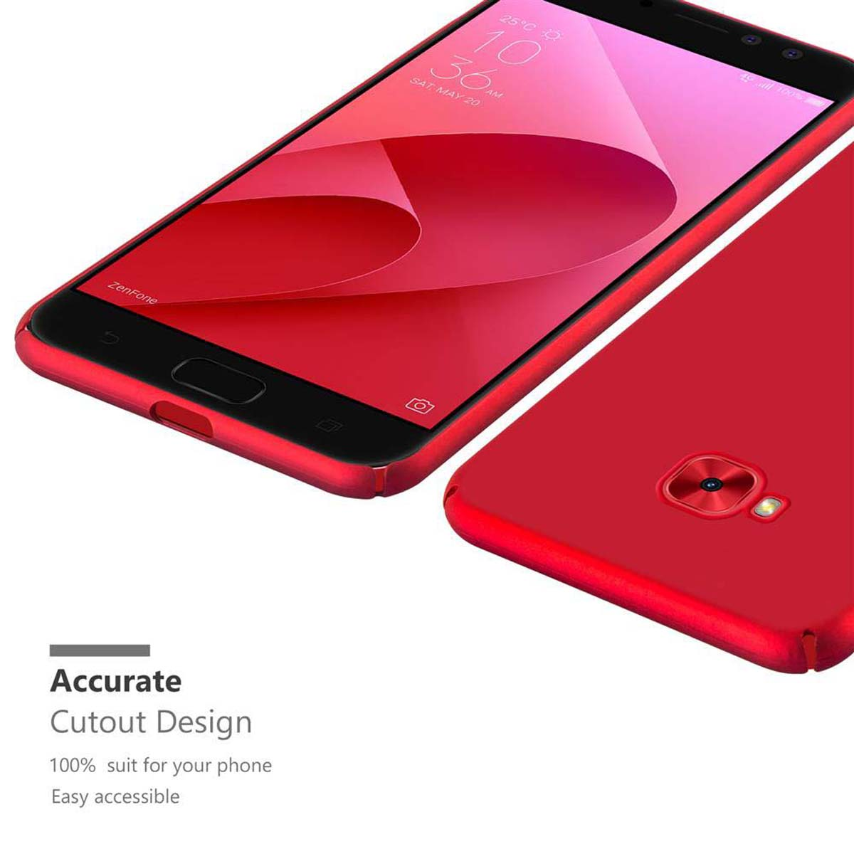 Ein rotes Telefon und eine rote Handyhülle. Das Telefon ist geöffnet und der Bildschirm wird angezeigt.