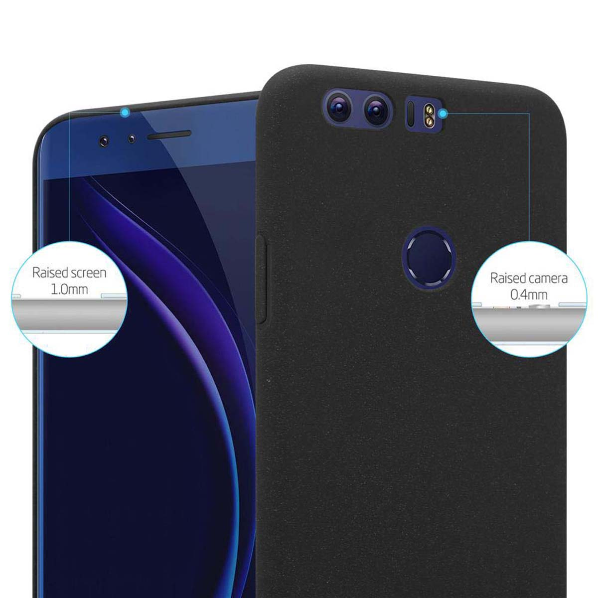 Schwarze Handyhülle mit Telefon. Erhöhter Bildschirm und Kamera. Das Telefon hat einen blauen Hintergrund.