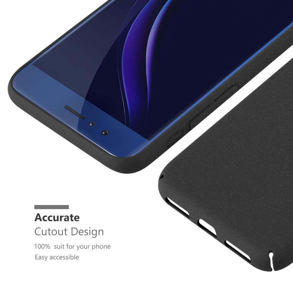Schwarze Handyhülle auf einem Tisch, teilweise ein Telefonbildschirm abdeckend, mit den Worten Accurate Cutout Design.