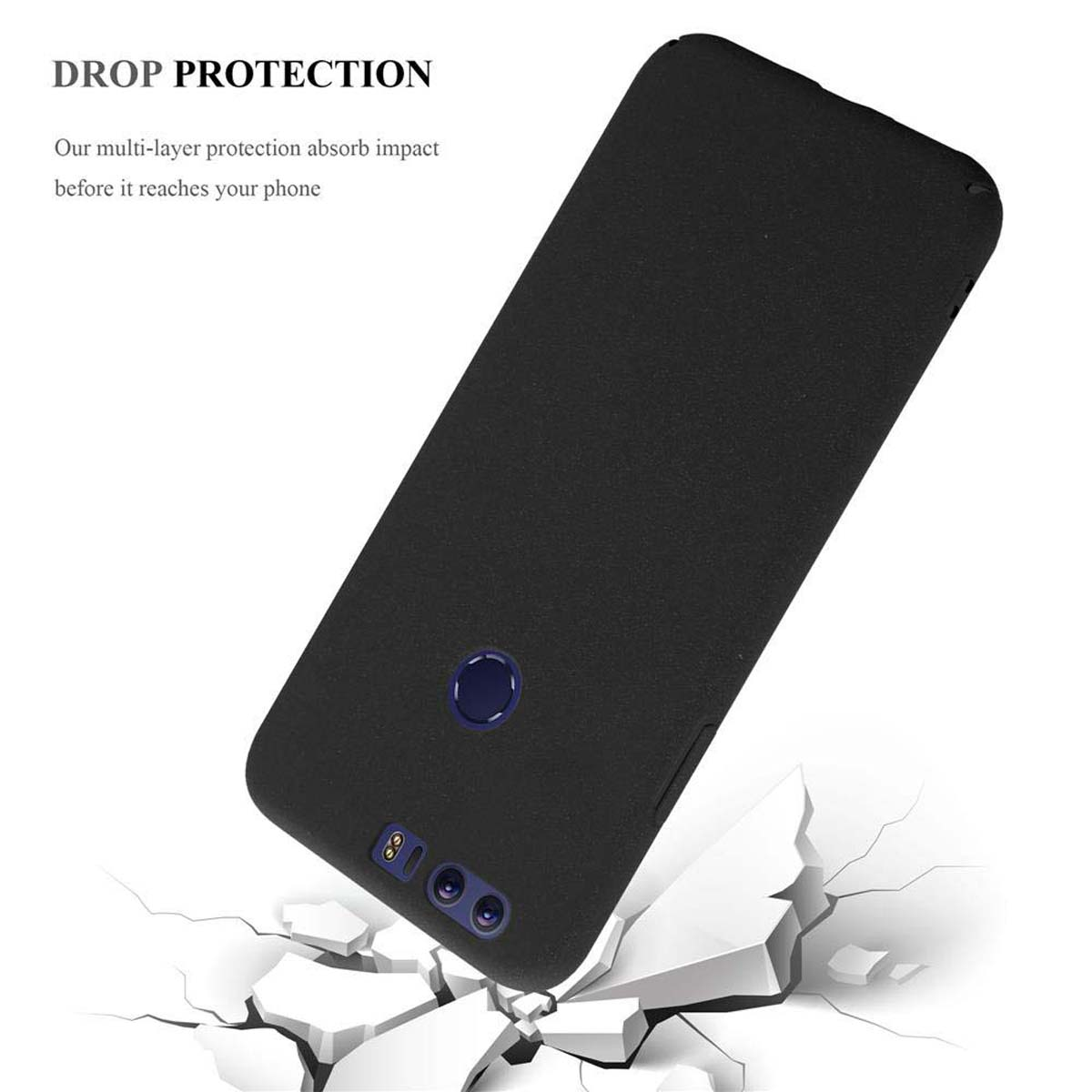 Schwarze Handyhülle auf Weiß. Telefon innen. Drop-Protection-Grafik. Stoß wird abgefangen.