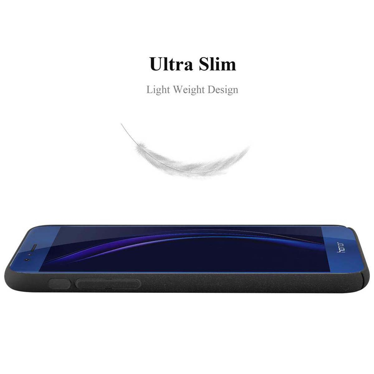 Ein schwarzes Telefon auf der Seite mit den Worten 'Ultra Slim' und einer Federgrafik darüber.