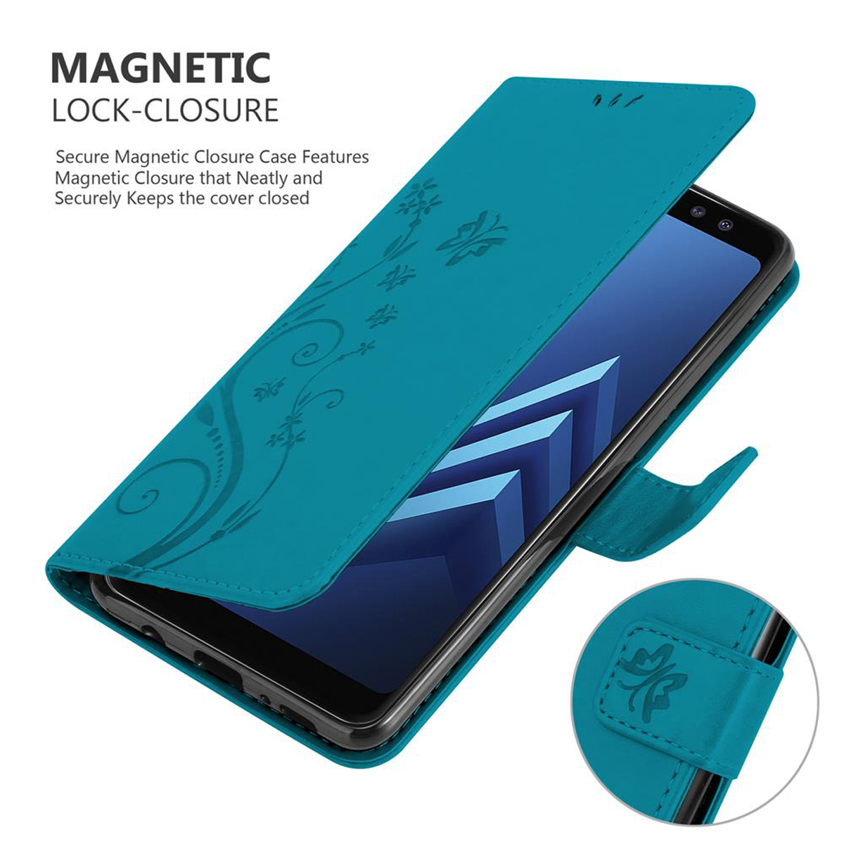 Custodia per telefono verde acqua aperta con un telefono all'interno, con un design floreale e testo sulla chiusura magnetica.