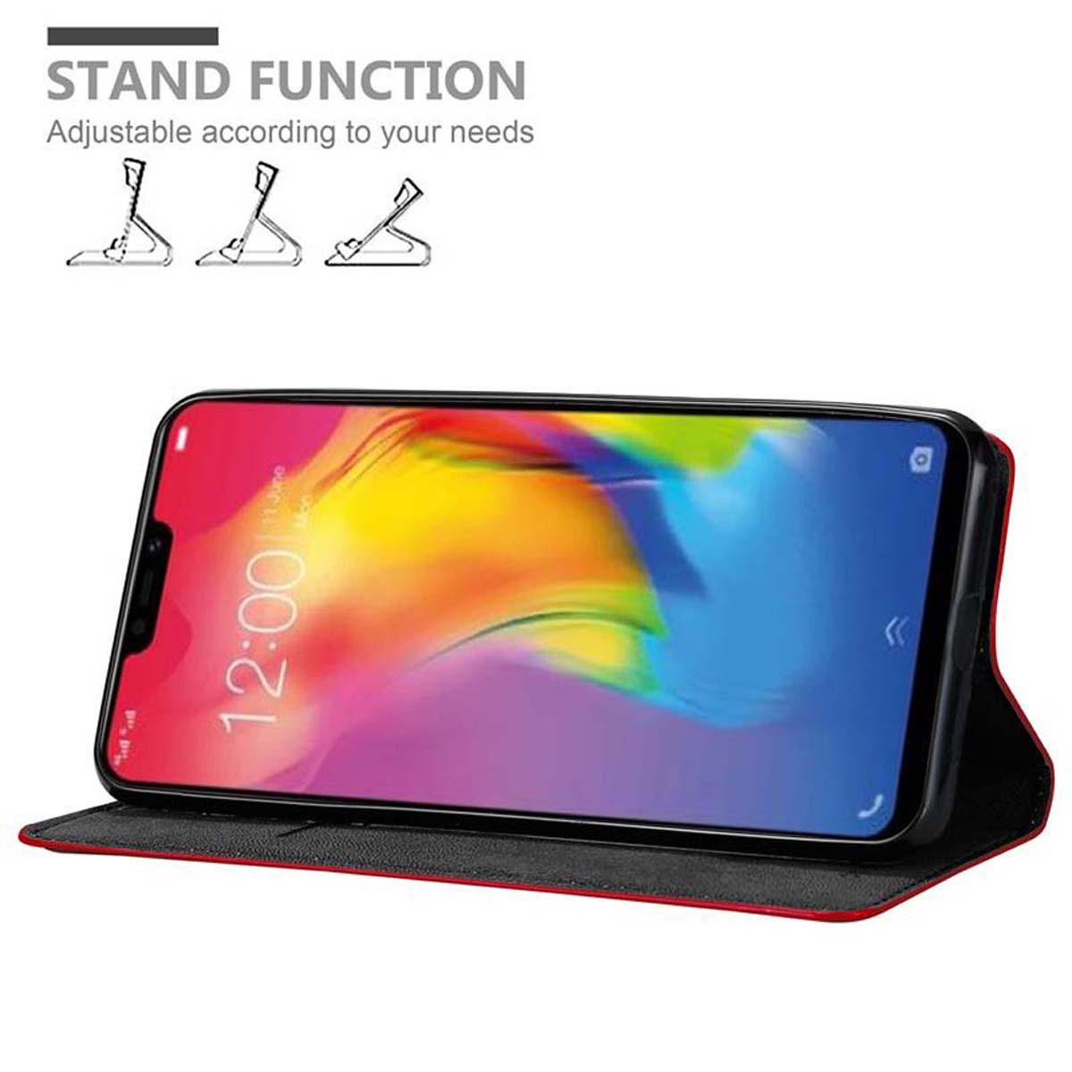 Smartphone in una custodia rossa, aperto per mostrare lo schermo. Lo schermo mostra un'immagine colorata e le ore 12:00.