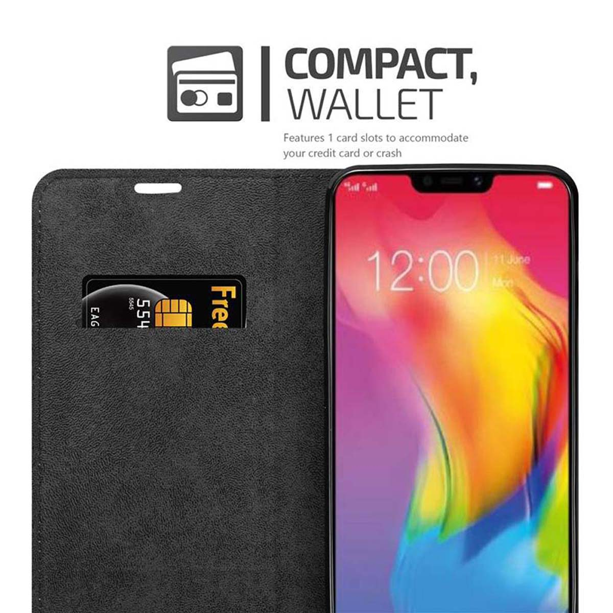 Custodia per telefono nera con slot per schede, con telefono con schermo colorato.